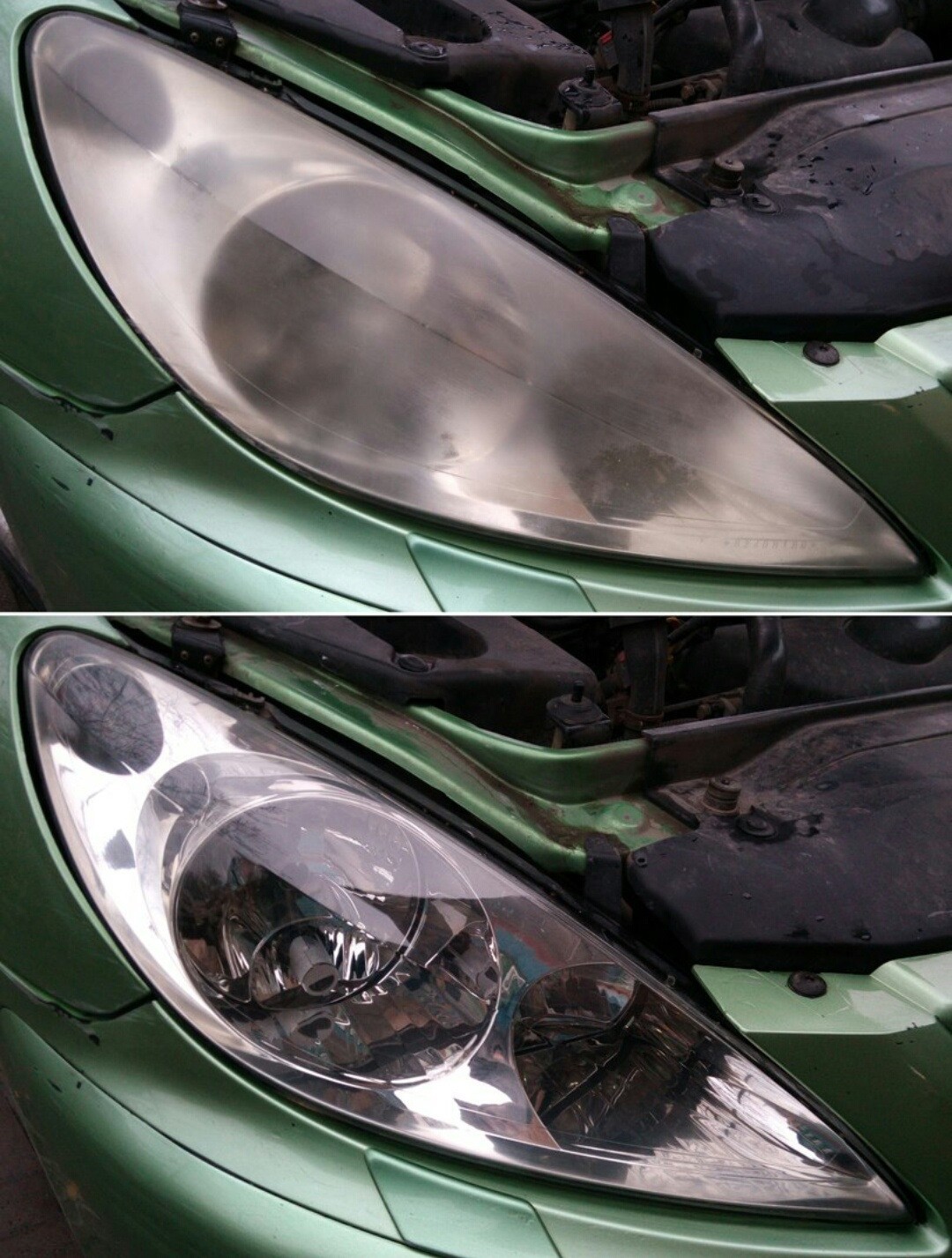 Фото примера до и после полировки фары